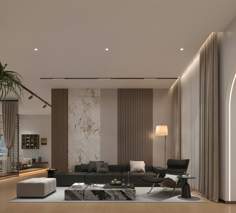 Sala com painel em mármore e parede ripada