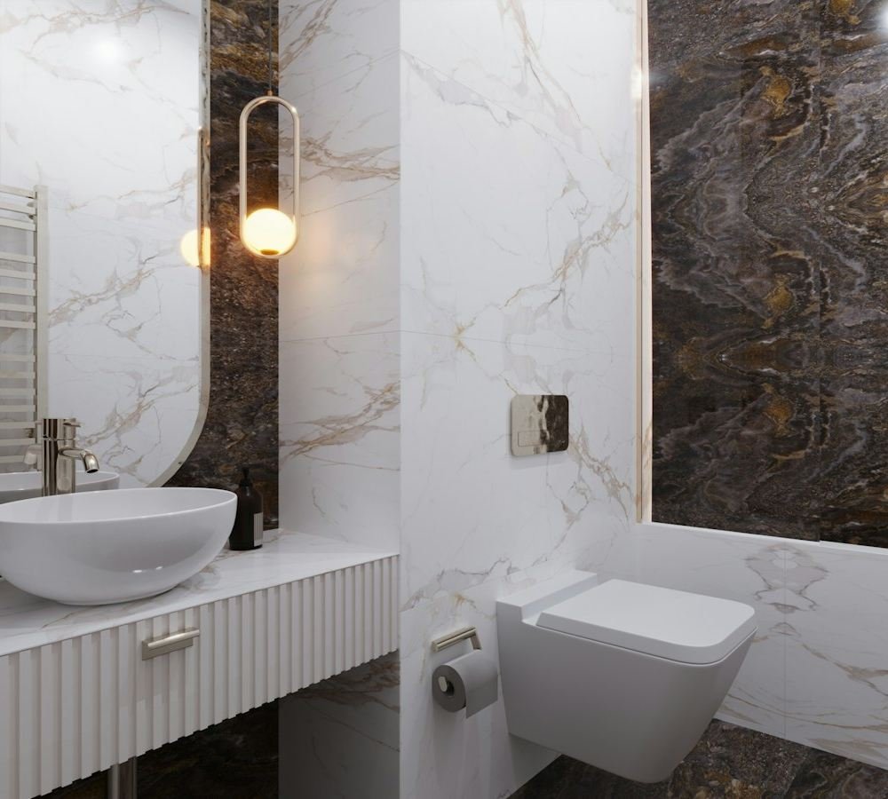 Lavabo com cuba de apoio e bacia suspensa