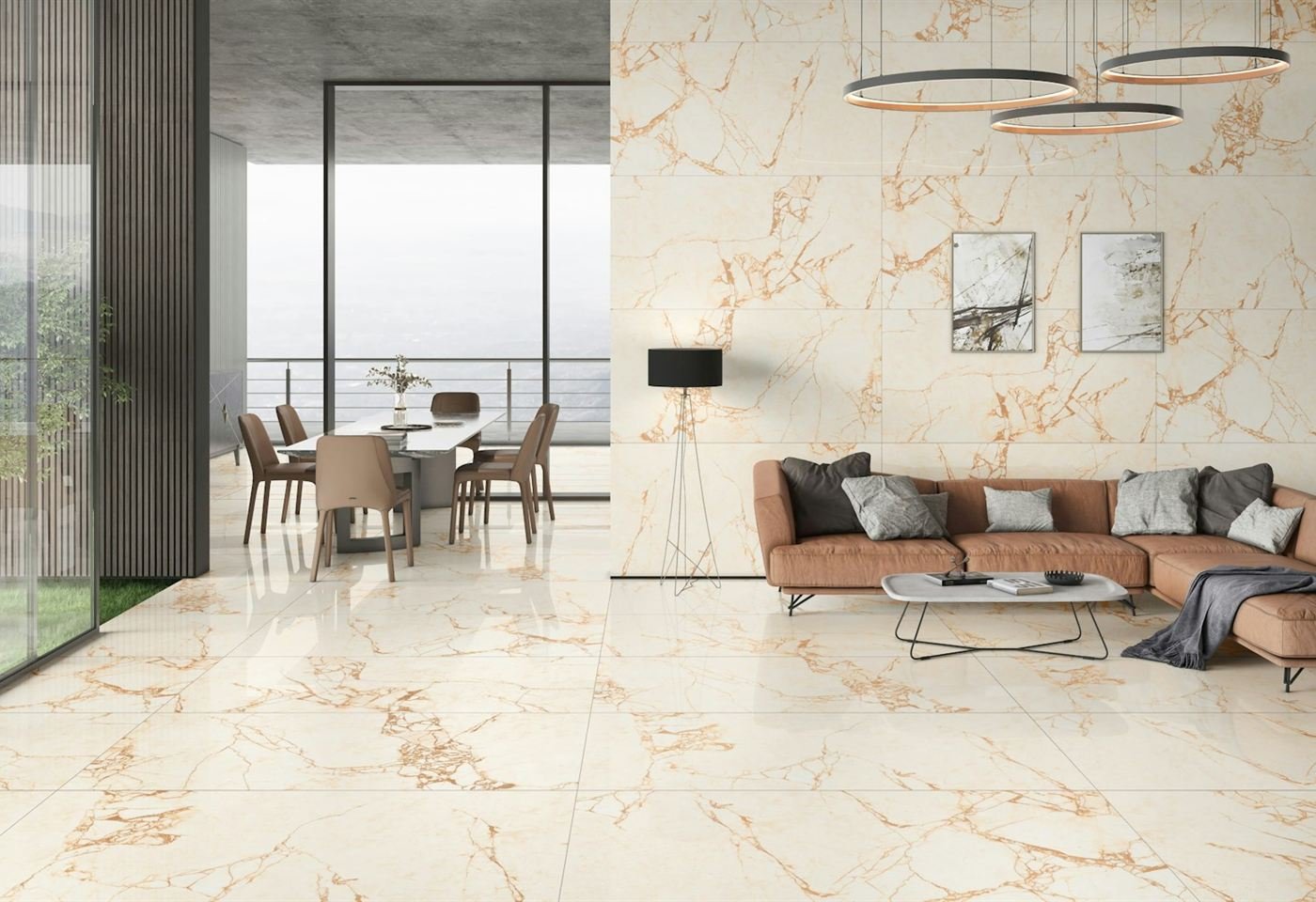 Sala com piso e parede em porcelanato de grande formato